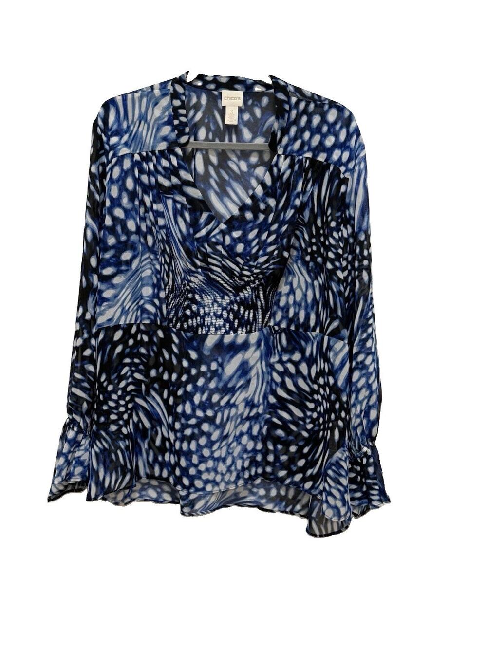 Chico's Top 3 (XL) Blue Sheer Wearable Art Abstract Print Bell Sleeve Blouse